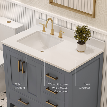 Rooh 36 Inch Left Solid Wood Single Bathroom Vanity with Undermount single Rectangle sink & White Quartz countertop 0.75 inch edge in white