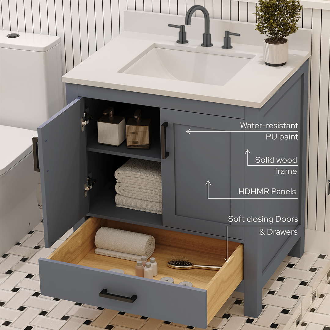 Rooh 30 Inch Solid Wood Bathroom Vanity with Undermount single Rectangle sink & White Quartz countertop 0.75 inch edge in white