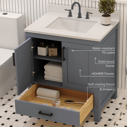 Rooh 30 Inch Solid Wood Bathroom Vanity with Undermount single Rectangle sink & White Quartz countertop 0.75 inch edge in white