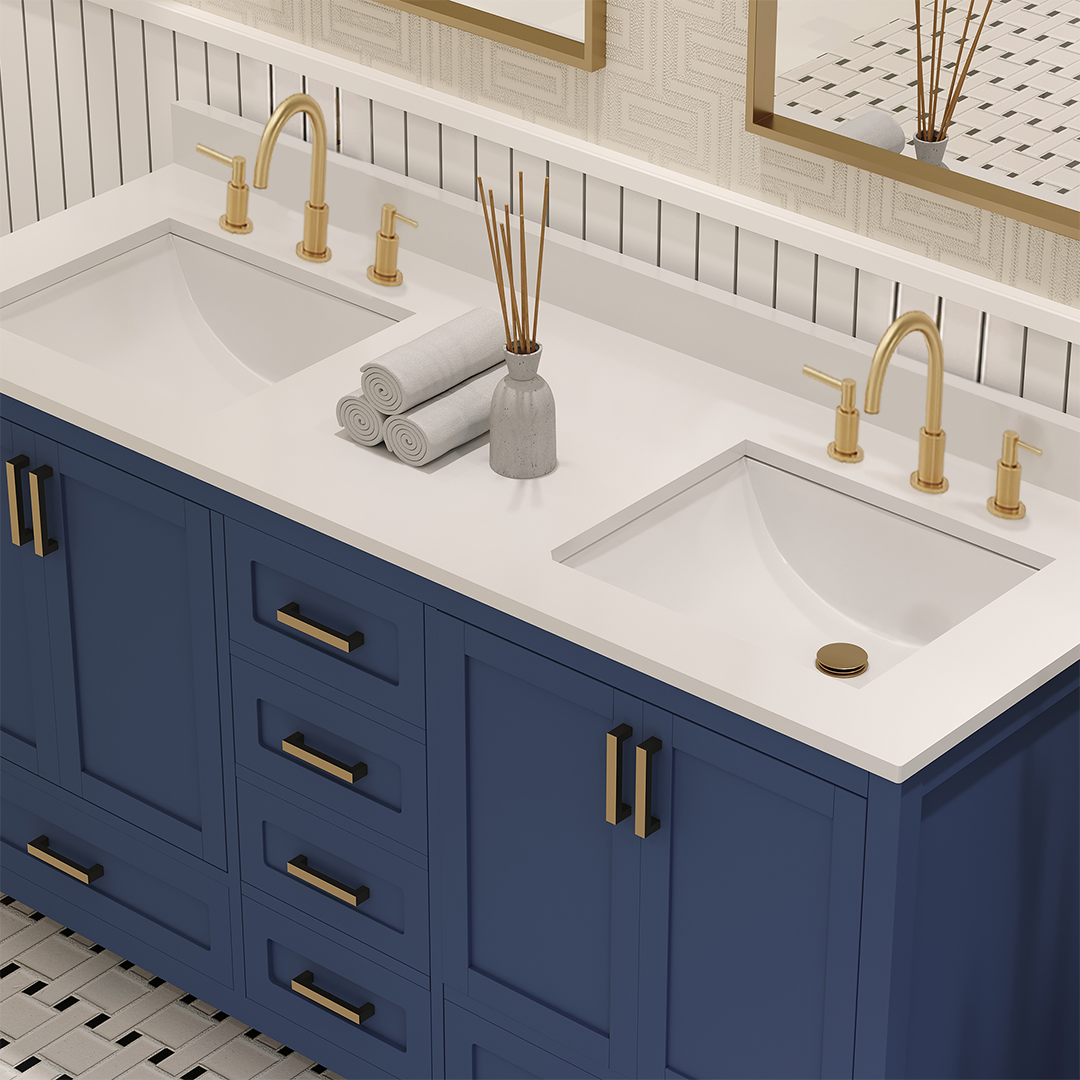 Rooh 60 Inch Solid Wood Bathroom Vanity with Undermount double Rectangle sinks & White Quartz countertop 0.75 inch edge in white