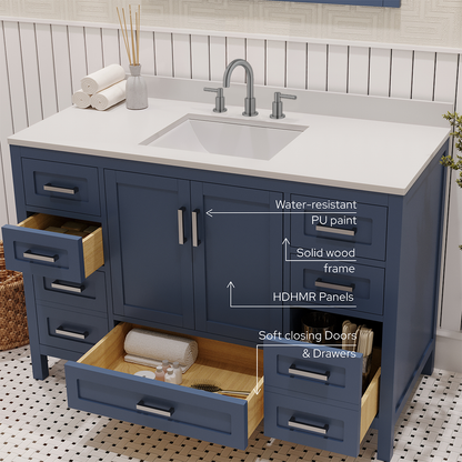 Rooh 48 Inch Solid Wood Bathroom Vanity with Undermount single Rectangle sink & White Quartz countertop 0.75 inch edge in white