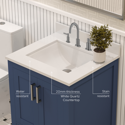 Rooh 24 Inch Solid Wood Bathroom Vanity with Undermount single Rectangle sink & White Quartz countertop 0.75 inch edge in white