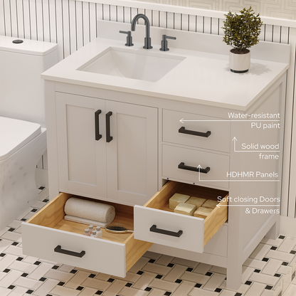 Rooh 36 Inch Left Solid Wood Single Bathroom Vanity with Undermount single Rectangle sink & White Quartz countertop 0.75 inch edge in white