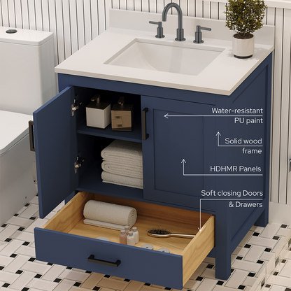 Rooh 30 Inch Solid Wood Bathroom Vanity with Undermount single Rectangle sink & White Quartz countertop 0.75 inch edge in white