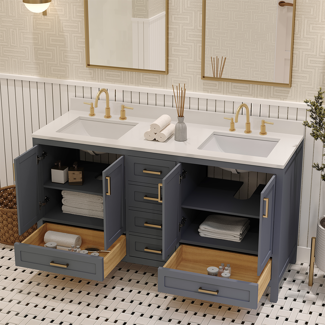 Rooh 60 Inch Solid Wood Bathroom Vanity with Undermount double Rectangle sinks & White Quartz countertop 0.75 inch edge in white
