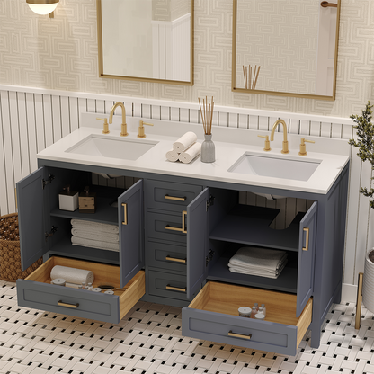 Rooh 60 Inch Solid Wood Bathroom Vanity with Undermount double Rectangle sinks & White Quartz countertop 0.75 inch edge in white