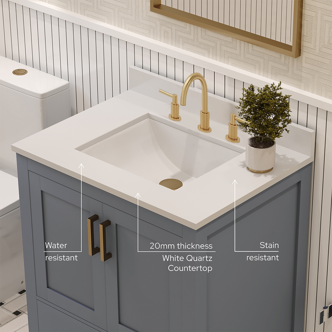 Rooh 30 Inch Solid Wood Bathroom Vanity with Undermount single Rectangle sink & White Quartz countertop 0.75 inch edge in white