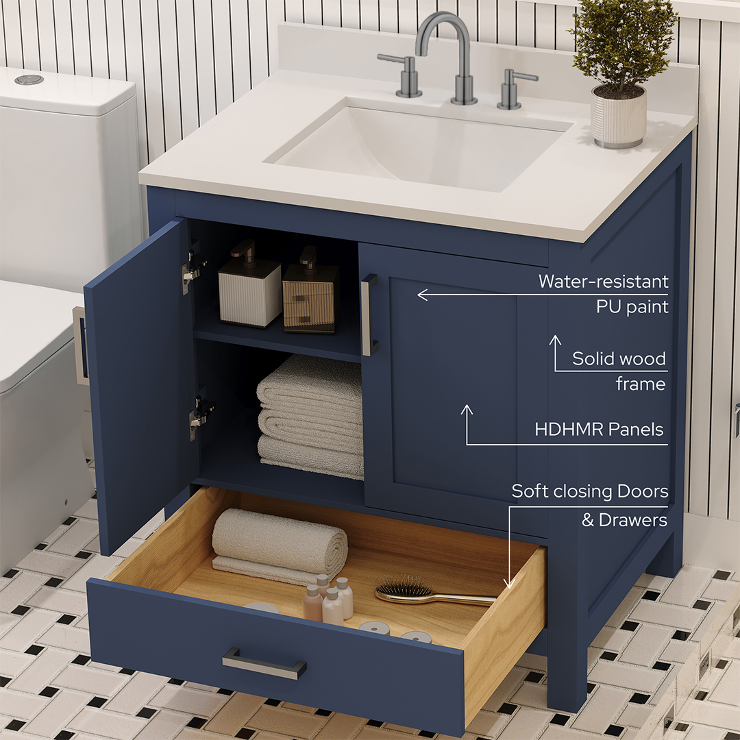 Rooh 30 Inch Solid Wood Bathroom Vanity with Undermount single Rectangle sink & White Quartz countertop 0.75 inch edge in white