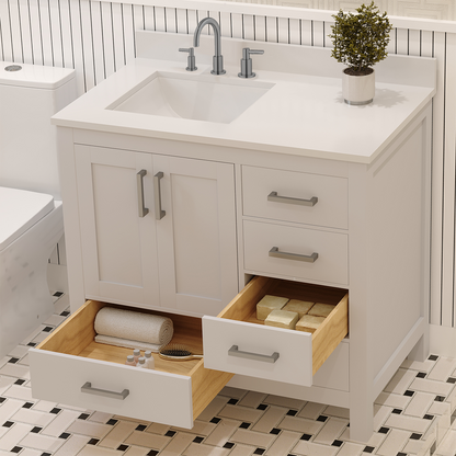 Rooh 36 Inch Left Solid Wood Single Bathroom Vanity with Undermount single Rectangle sink & White Quartz countertop 0.75 inch edge in white