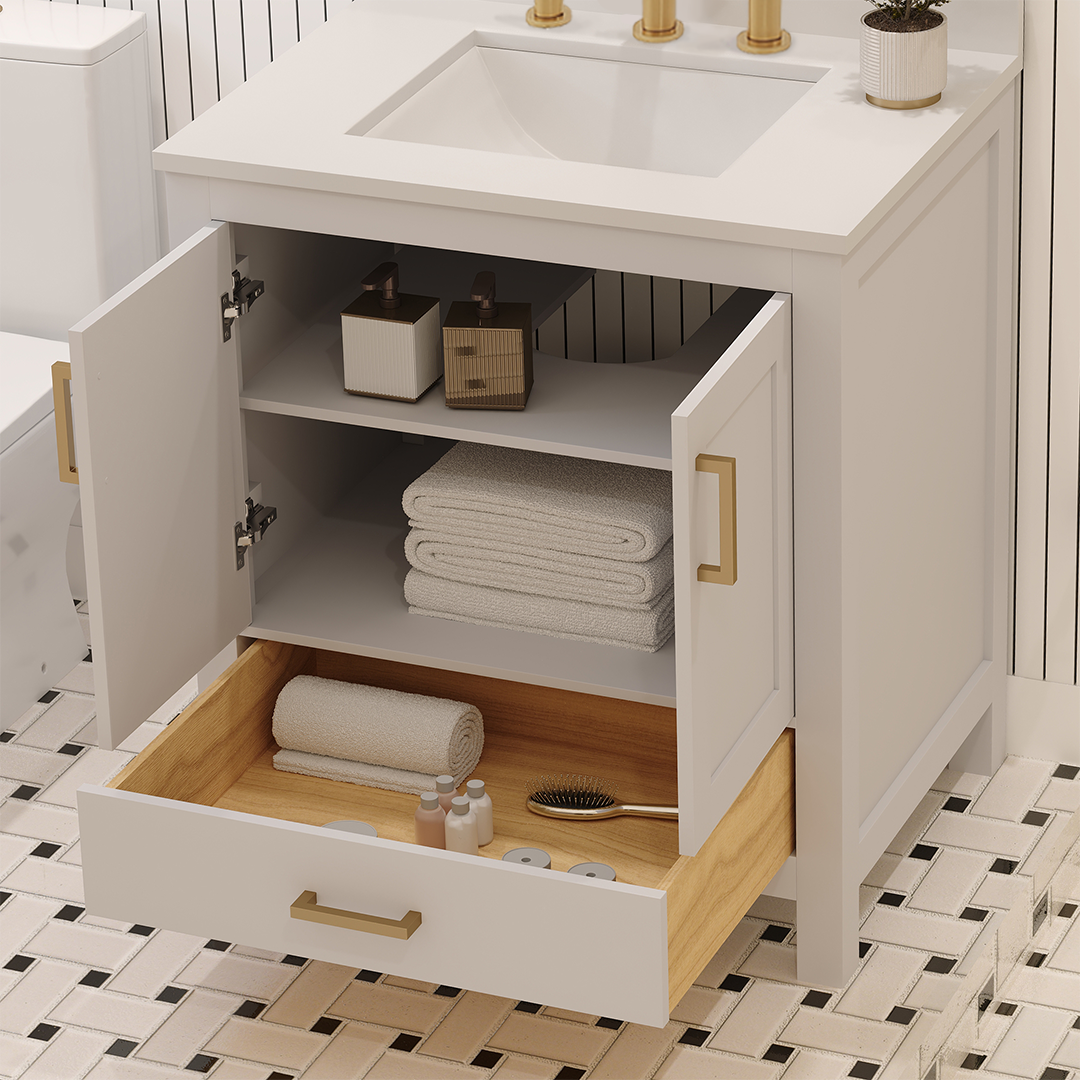 Rooh 30 Inch Solid Wood Bathroom Vanity with Undermount single Rectangle sink & White Quartz countertop 0.75 inch edge in white