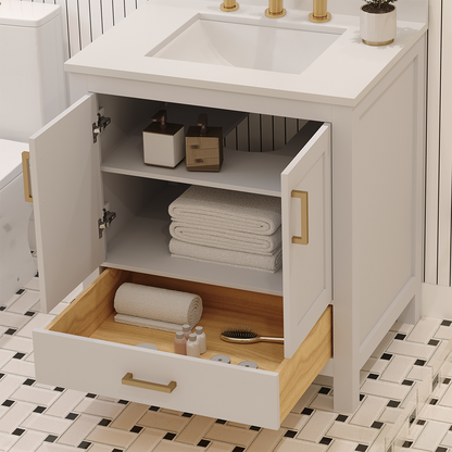 Rooh 30 Inch Solid Wood Bathroom Vanity with Undermount single Rectangle sink & White Quartz countertop 0.75 inch edge in white