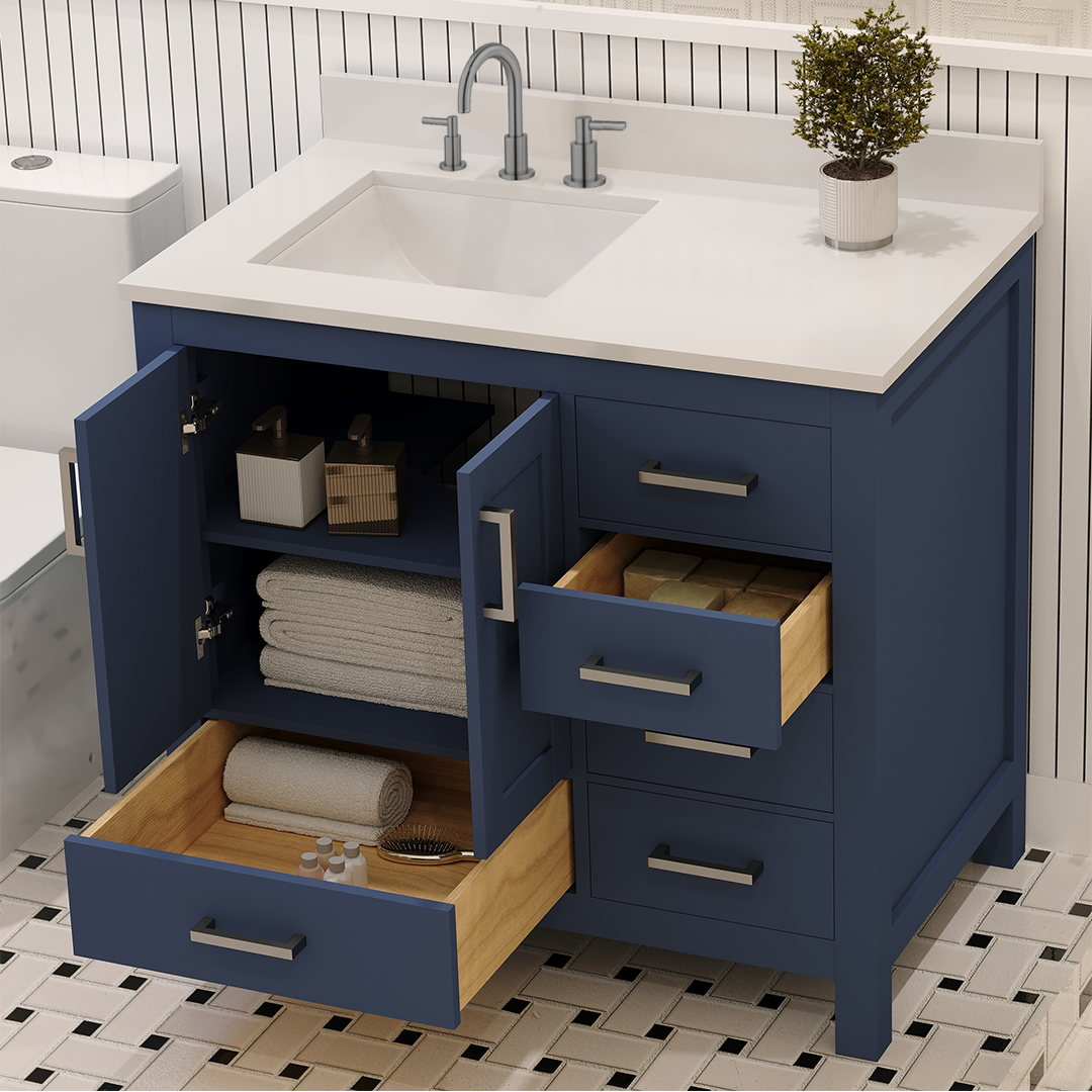 Rooh 36 Inch Left Solid Wood Single Bathroom Vanity with Undermount single Rectangle sink & White Quartz countertop 0.75 inch edge in white