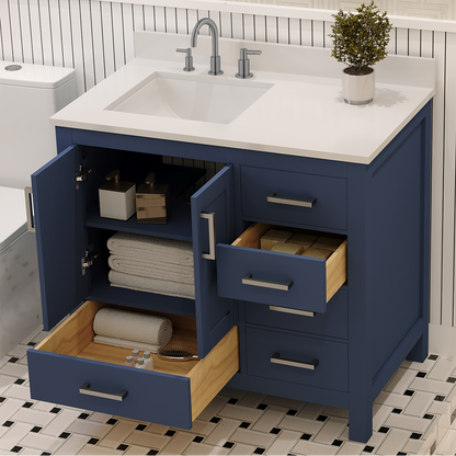 Rooh 36 Inch Left Solid Wood Single Bathroom Vanity with Undermount single Rectangle sink & White Quartz countertop 0.75 inch edge in white