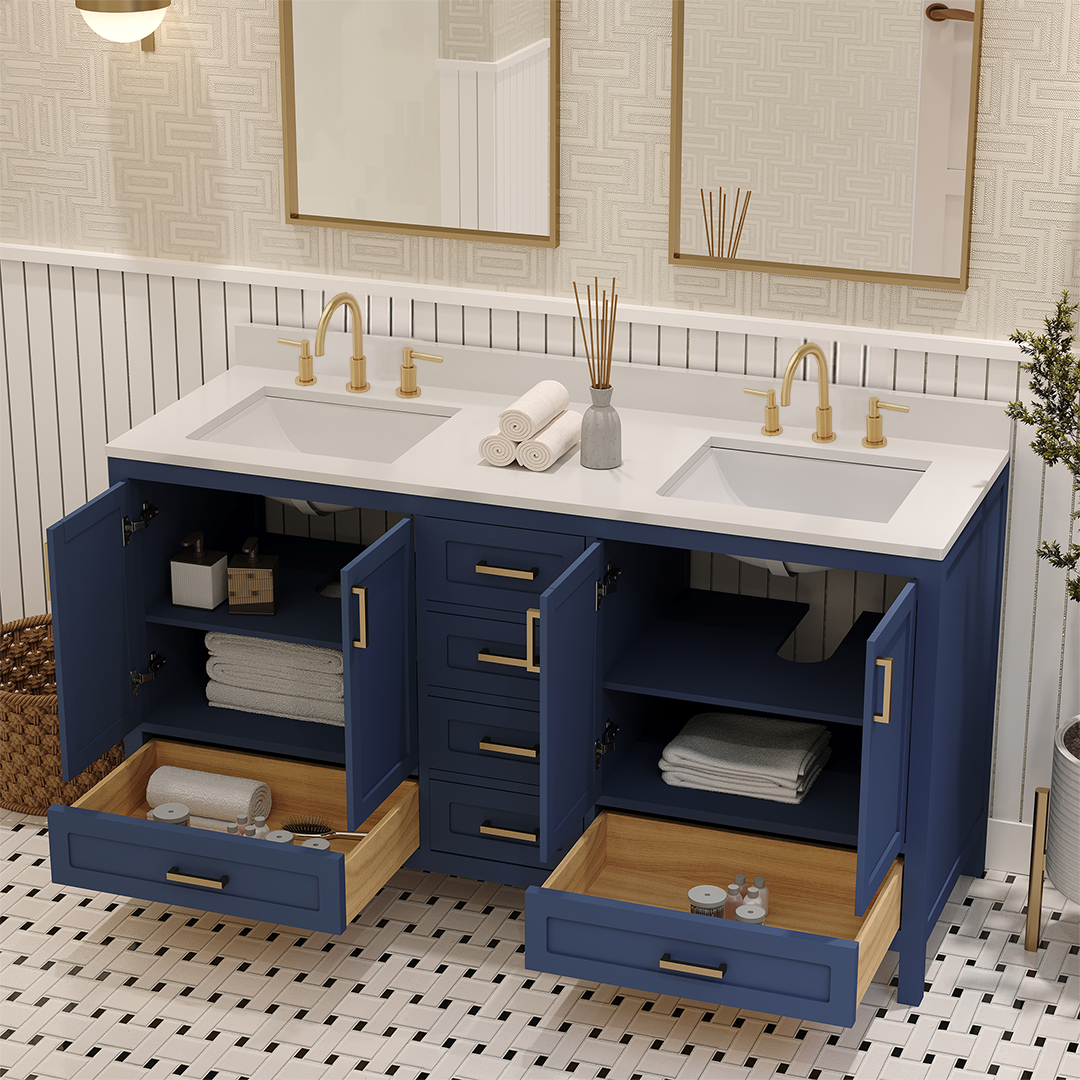 Rooh 60 Inch Solid Wood Bathroom Vanity with Undermount double Rectangle sinks & White Quartz countertop 0.75 inch edge in white