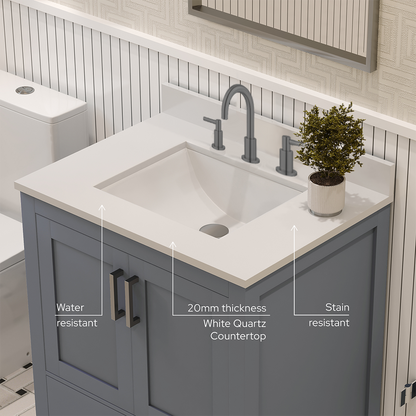 Rooh 30 Inch Solid Wood Bathroom Vanity with Undermount single Rectangle sink & White Quartz countertop 0.75 inch edge in white