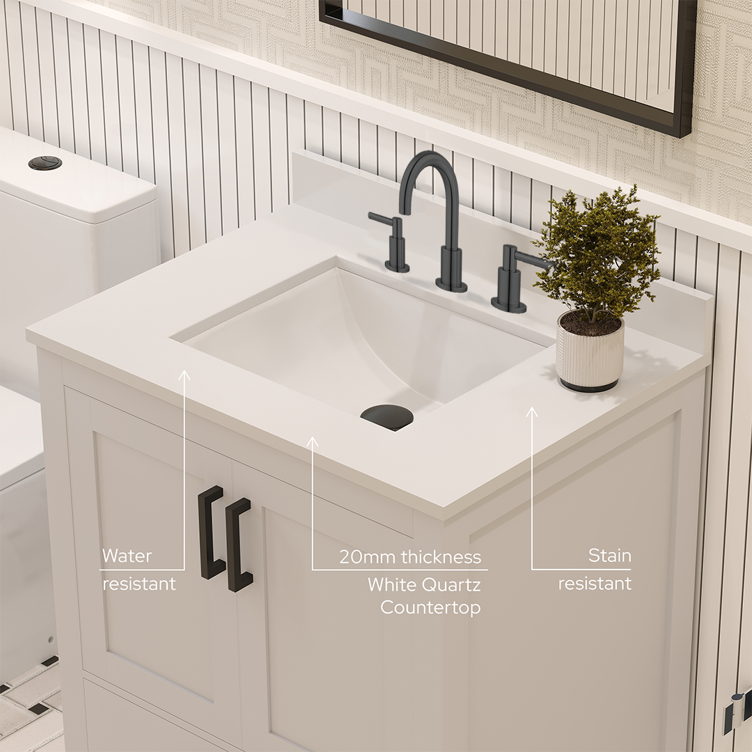 Rooh 30 Inch Solid Wood Bathroom Vanity with Undermount single Rectangle sink & White Quartz countertop 0.75 inch edge in white