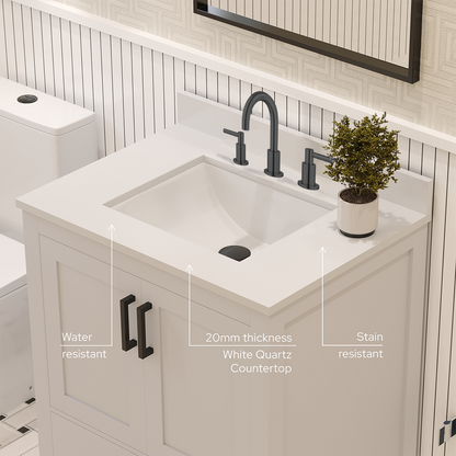Rooh 30 Inch Solid Wood Bathroom Vanity with Undermount single Rectangle sink & White Quartz countertop 0.75 inch edge in white