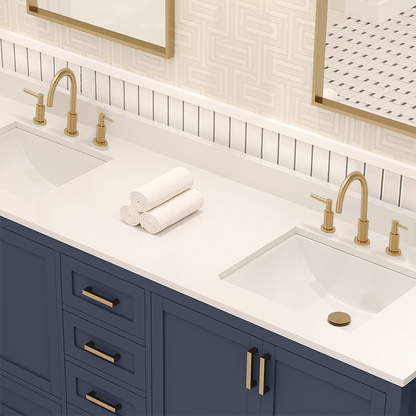 Rooh 72 Inch Solid Wood Bathroom Vanity with Undermount double Rectangle sinks & White Quartz countertop 0.75 inch edge in white