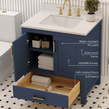 Rooh 30 Inch Solid Wood Bathroom Vanity with Undermount single Rectangle sink & White Quartz countertop 0.75 inch edge in white