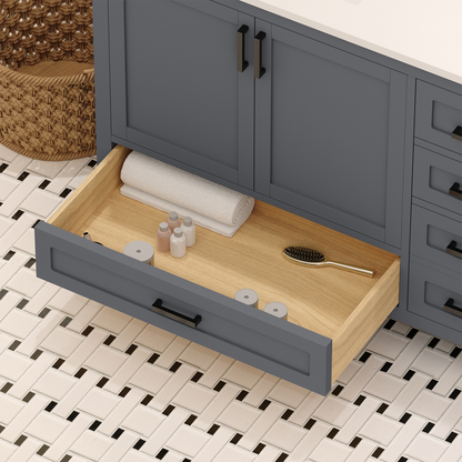 Rooh 72 Inch Solid Wood Bathroom Vanity with Undermount double Rectangle sinks & White Quartz countertop 0.75 inch edge in white
