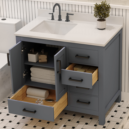 Rooh 36 Inch Left Solid Wood Single Bathroom Vanity with Undermount single Rectangle sink & White Quartz countertop 0.75 inch edge in white