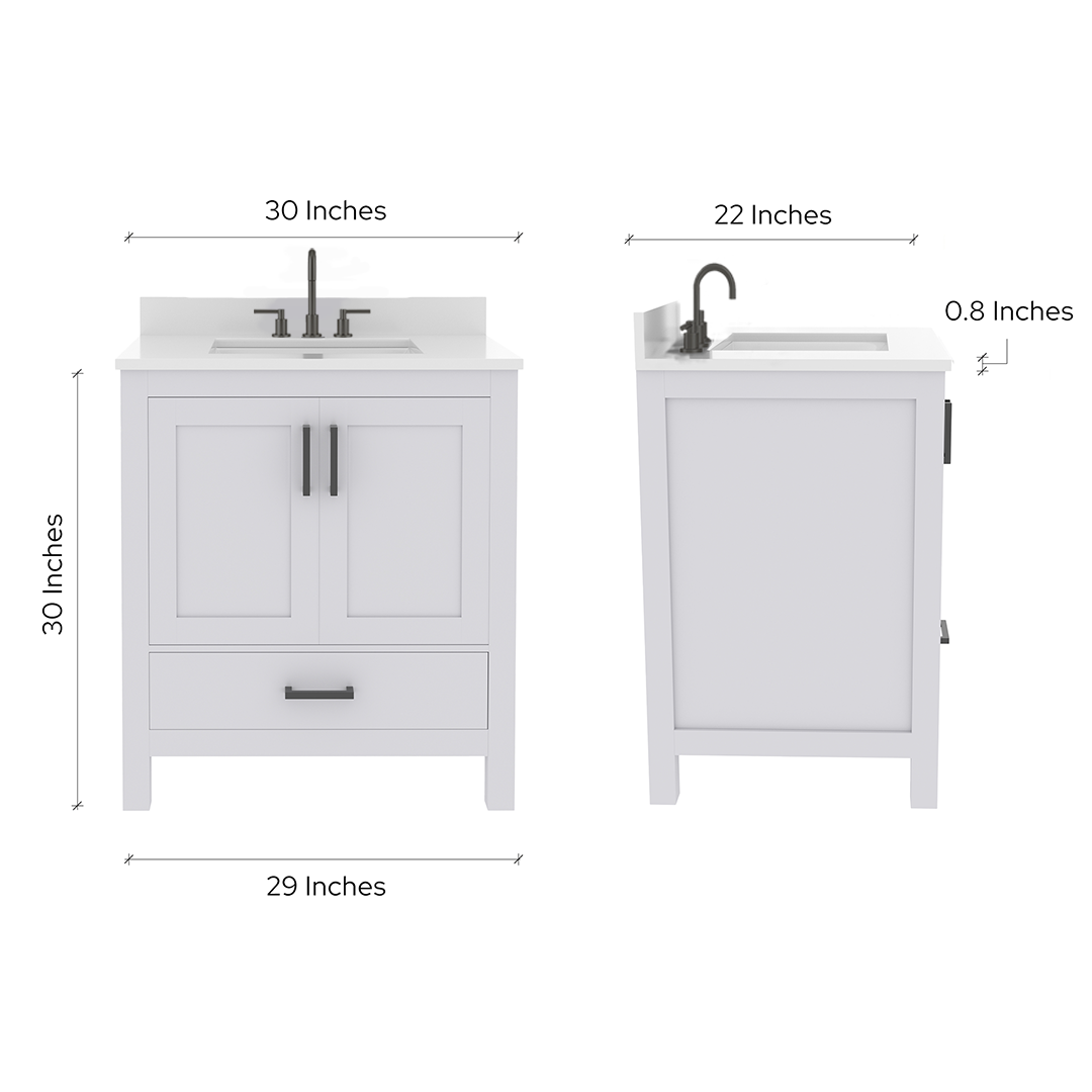 Rooh 30 Inch Solid Wood Bathroom Vanity with Undermount single Rectangle sink & White Quartz countertop 0.75 inch edge in white