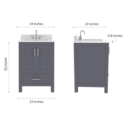 Rooh 24 Inch Solid Wood Bathroom Vanity with Undermount single Rectangle sink & White Quartz countertop 0.75 inch edge in white