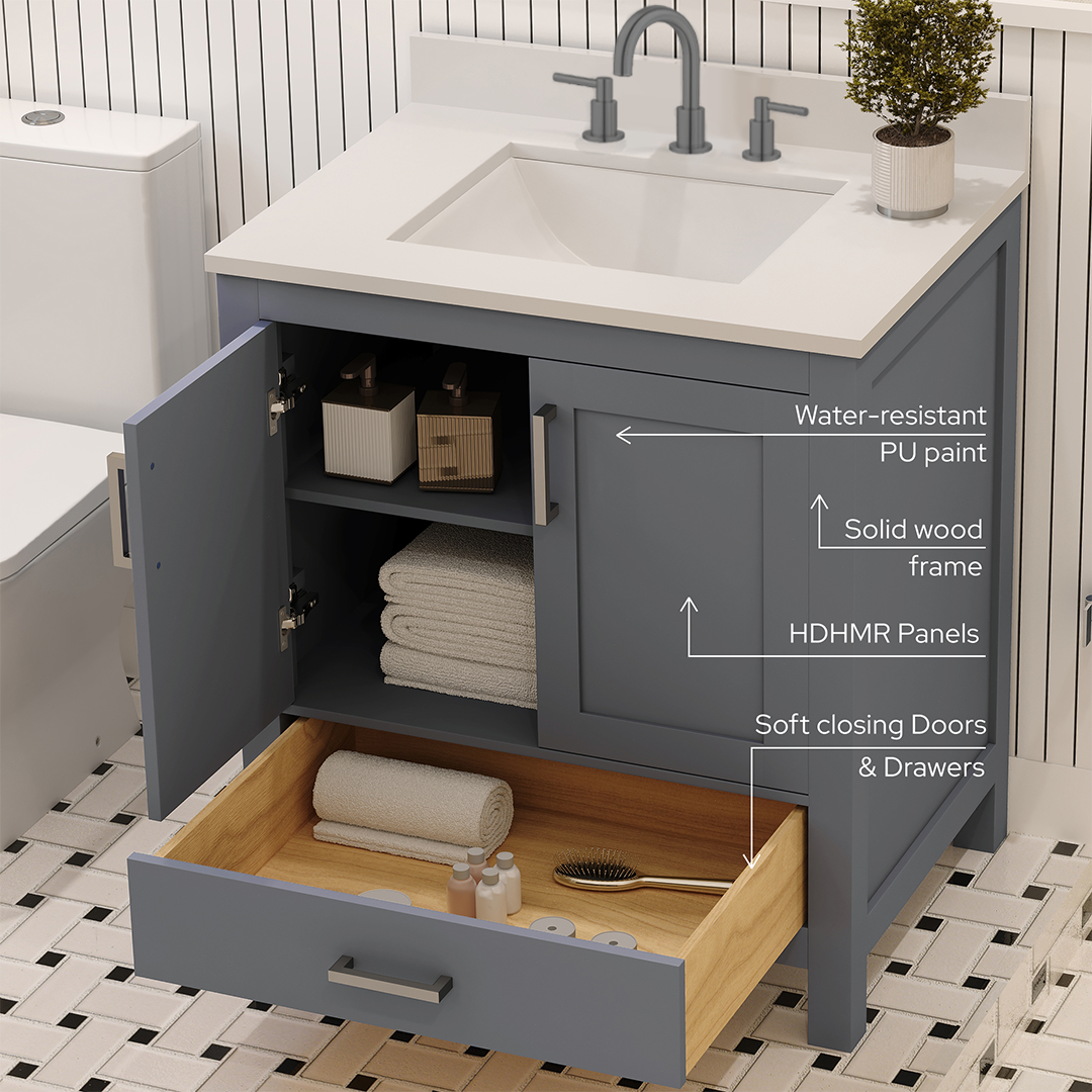 Rooh 30 Inch Solid Wood Bathroom Vanity with Undermount single Rectangle sink & White Quartz countertop 0.75 inch edge in white