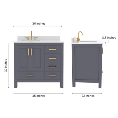 Rooh 36 Inch Left Solid Wood Single Bathroom Vanity with Undermount single Rectangle sink & White Quartz countertop 0.75 inch edge in white