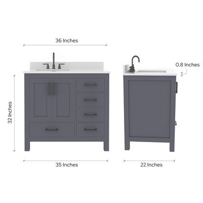 Rooh 36 Inch Left Solid Wood Single Bathroom Vanity with Undermount single Rectangle sink & White Quartz countertop 0.75 inch edge in white