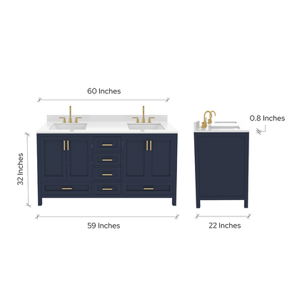 Rooh 60 Inch Solid Wood Bathroom Vanity with Undermount double Rectangle sinks & White Quartz countertop 0.75 inch edge in white