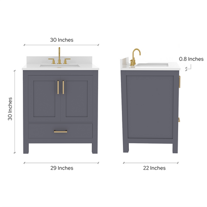 Rooh 30 Inch Solid Wood Bathroom Vanity with Undermount single Rectangle sink & White Quartz countertop 0.75 inch edge in white