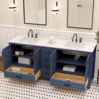 Rooh 72 Inch Solid Wood Bathroom Vanity with Undermount double Rectangle sinks & White Quartz countertop 0.75 inch edge in white
