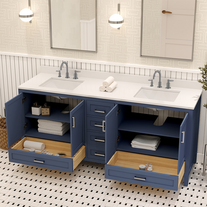 Rooh 72 Inch Solid Wood Bathroom Vanity with Undermount double Rectangle sinks & White Quartz countertop 0.75 inch edge in white
