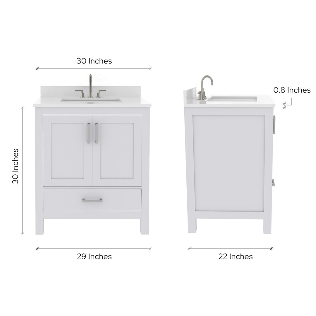 Rooh 30 Inch Solid Wood Bathroom Vanity with Undermount single Rectangle sink & White Quartz countertop 0.75 inch edge in white