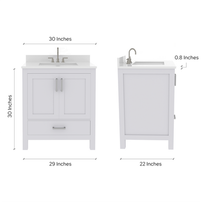 Rooh 30 Inch Solid Wood Bathroom Vanity with Undermount single Rectangle sink & White Quartz countertop 0.75 inch edge in white