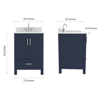 Rooh 24 Inch Solid Wood Bathroom Vanity with Undermount single Rectangle sink & White Quartz countertop 0.75 inch edge in white