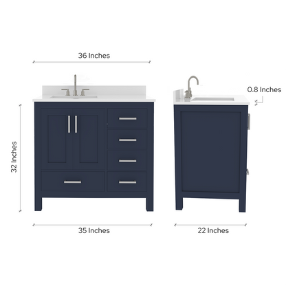 Rooh 36 Inch Left Solid Wood Single Bathroom Vanity with Undermount single Rectangle sink & White Quartz countertop 0.75 inch edge in white