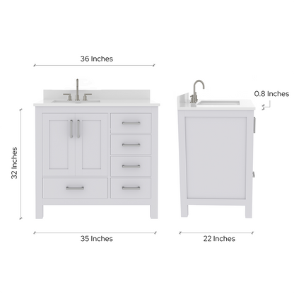 Rooh 36 Inch Left Solid Wood Single Bathroom Vanity with Undermount single Rectangle sink & White Quartz countertop 0.75 inch edge in white