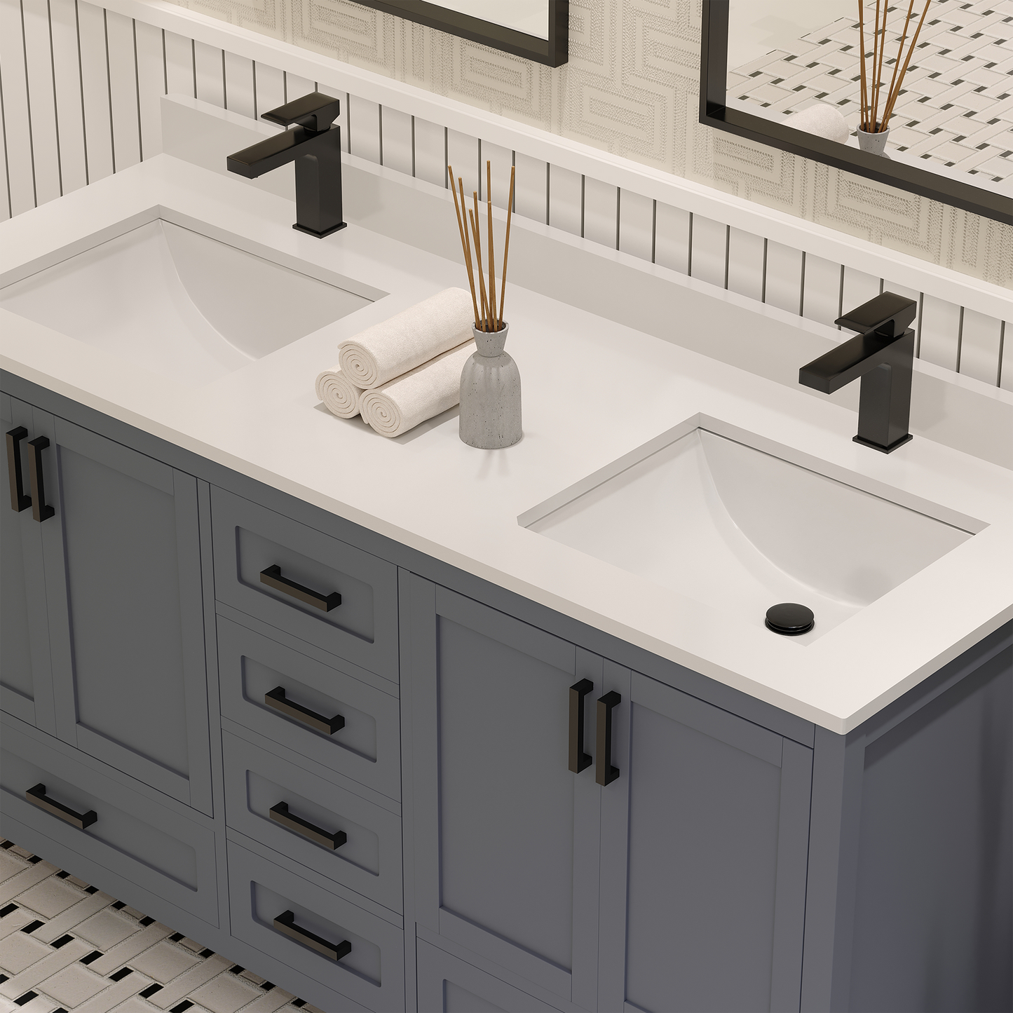 Rooh 60 Inch Solid Wood Bathroom Vanity with Undermount double Rectangle sinks & White Quartz countertop 0.75 inch edge in white