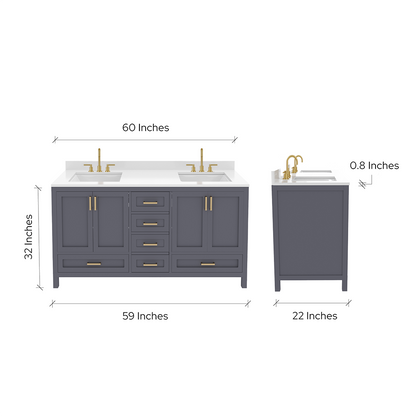 Rooh 60 Inch Solid Wood Bathroom Vanity with Undermount double Rectangle sinks & White Quartz countertop 0.75 inch edge in white