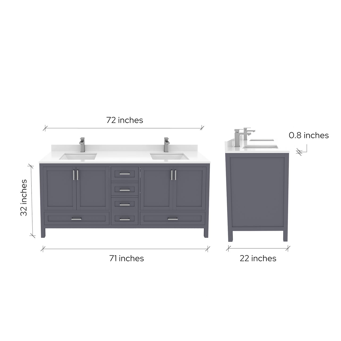 Rooh 72 Inch Solid Wood Bathroom Vanity with Undermount double Rectangle sinks & White Quartz countertop 0.75 inch edge in white
