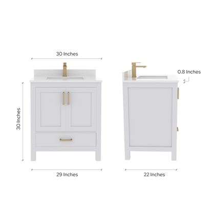 Rooh 30 Inch Solid Wood Bathroom Vanity with Undermount single Rectangle sink & White Quartz countertop 0.75 inch edge in white