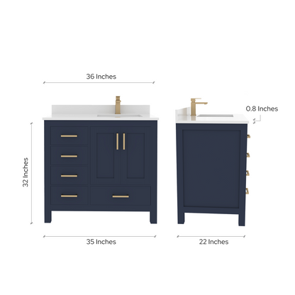 Rooh 36 Inch Right Solid Wood Single Bathroom Vanity with Quartz Countertop