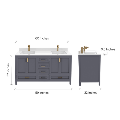 Rooh 60 Inch Solid Wood Bathroom Vanity with Undermount double Rectangle sinks & White Quartz countertop 0.75 inch edge in white