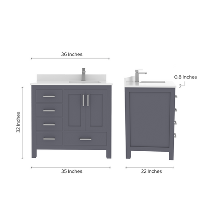 Rooh 36 Inch Right Solid Wood Single Bathroom Vanity with Quartz Countertop