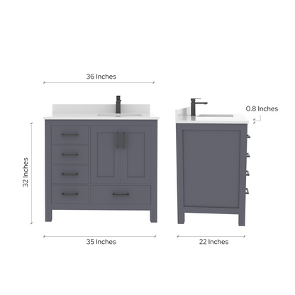 Rooh 36 Inch Right Solid Wood Single Bathroom Vanity with Quartz Countertop