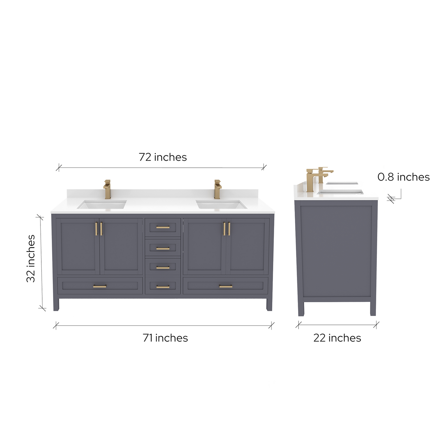 Rooh 72 Inch Solid Wood Bathroom Vanity with Undermount double Rectangle sinks & White Quartz countertop 0.75 inch edge in white