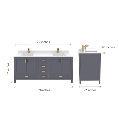 Rooh 72 Inch Solid Wood Bathroom Vanity with Undermount double Rectangle sinks & White Quartz countertop 0.75 inch edge in white