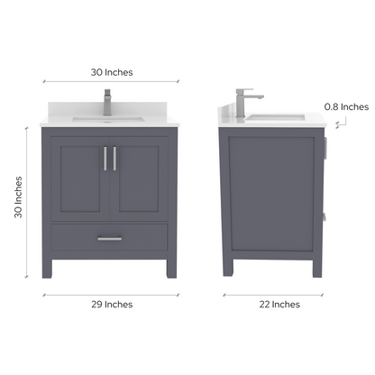 Rooh 30 Inch Solid Wood Bathroom Vanity with Undermount single Rectangle sink & White Quartz countertop 0.75 inch edge in white